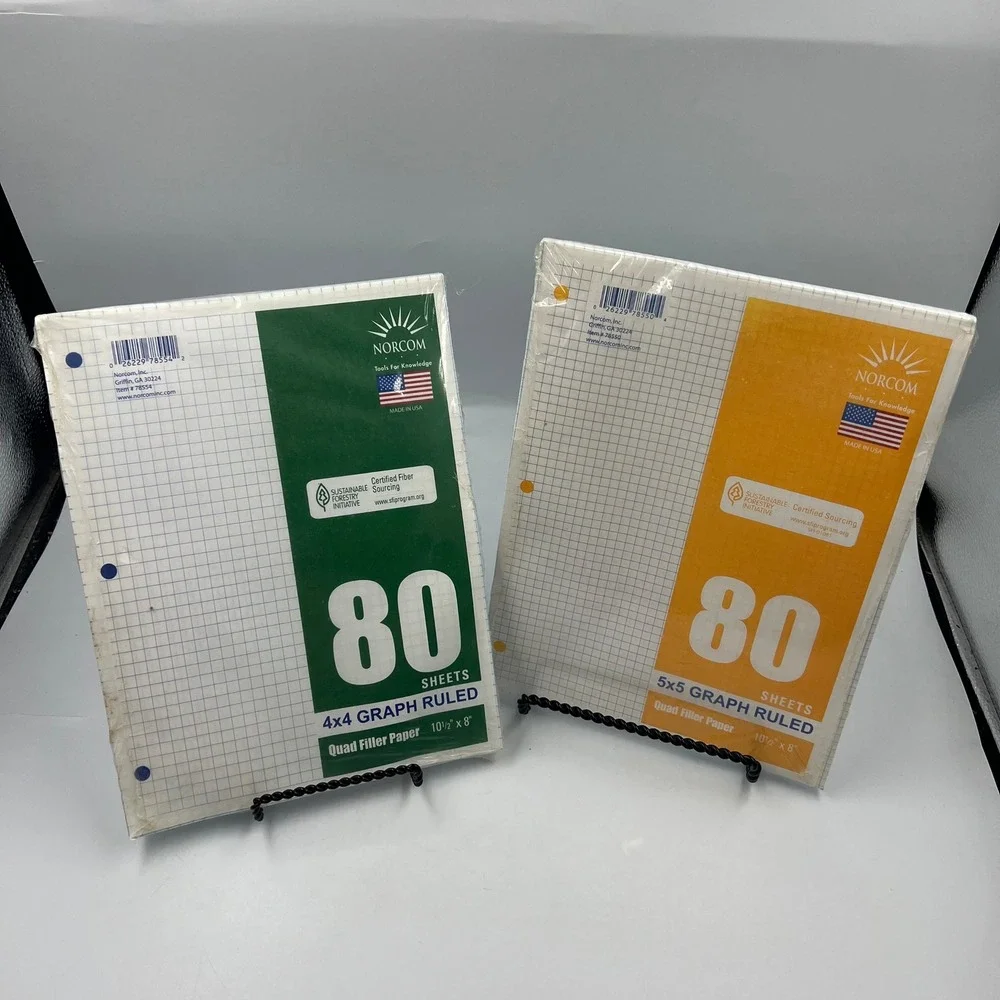 Lot of 2 Norcom Graph Ruled Filler Paper 80 Sheets Each 4x4 and 5x5 Quad Ruled